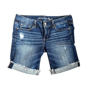 American Eagle Womens Distressed Denim Midi Shorts Blue Stretch Size 8